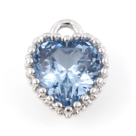 Bild von Messing Monatsstein Charms Echt Platin plattiert Herz Dezember Hellblau Zirkonia 8mm x 6,5mm, 2 Stück
