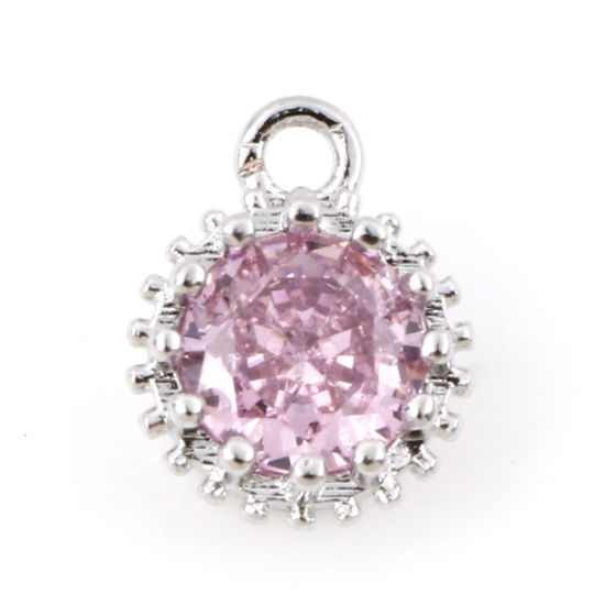 Picture of Brass Birthstone Charms Real Platinum Plated Round October Pink Cubic Zirconia 9mm x 7mm, 2 PCs
