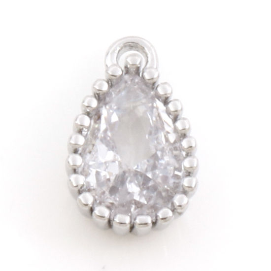 Imagen de Latón piedra del zodíaco Colgantes Charms Gota Platino Real Chapado Abril Claro Circón Artificial 8.5mm x 5mm, 2 Unidades