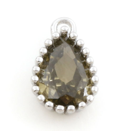 Imagen de Latón piedra del zodíaco Colgantes Charms Gota Platino Real Chapado Agosto Verde Olivo Circón Artificial 8.5mm x 5mm, 2 Unidades