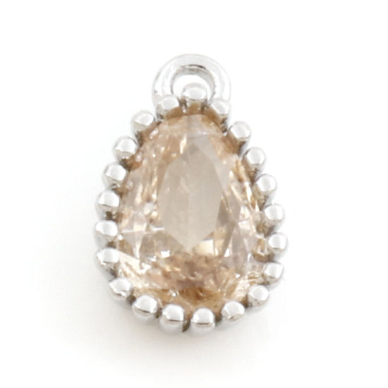 Imagen de Latón piedra del zodíaco Colgantes Charms Gota Platino Real Chapado Noviembre Champán Circón Artificial 8.5mm x 5mm, 2 Unidades
