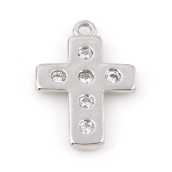 Bild von Messing Religiös Charms Echt Platin plattiert Kreuz Micro Pave Klar Zirkonia 14mm x 13mm, 2 Stück