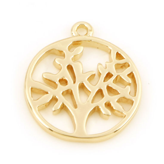 Image de Breloques en Laiton Rond Plaqué Or Véritable 18K Arbre de Vie 17mm x 15mm, 2 Pcs