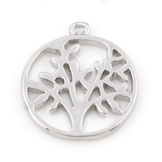 Image de Breloques en Laiton Rond Plaqué Platine Véritable Arbre de Vie Creux 17mm x 15mm, 2 Pcs