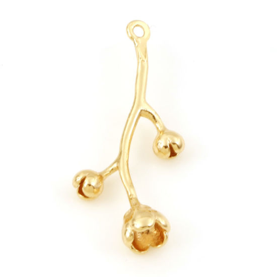 Image de Breloques en Laiton Fleur Plaqué Or Véritable 18K Branches 3D 23mm x 10mm, 2 Pcs