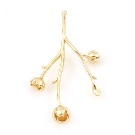 Image de Pendentifs en Laiton Fleur Plaqué Or Véritable 18K Branches 3D 4.2cm x 2.5cm, 2 Pcs
