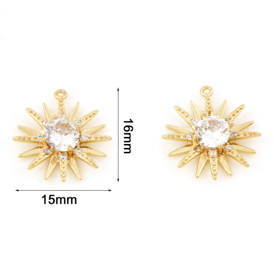 Picture of Brass Galaxy Charms 18K Real Gold Plated Sun Micro Pave Clear Cubic Zirconia 16mm x 15mm, 1 Piece