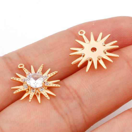 Picture of Brass Galaxy Charms 18K Real Gold Plated Sun Micro Pave Clear Cubic Zirconia 16mm x 15mm, 1 Piece