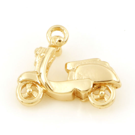 Picture of Brass Travel Charms 18K Real Gold Plated Motorcycle 3D 14mm x 11.5mm, 5 PCs