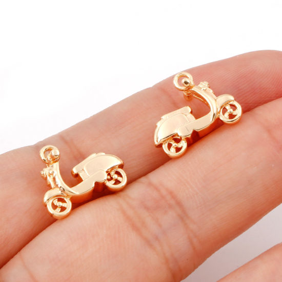 Picture of Brass Travel Charms 18K Real Gold Plated Motorcycle 3D 14mm x 11.5mm, 5 PCs