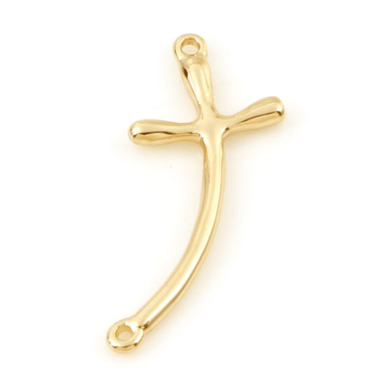 Picture of Brass Religious Connectors Charms Pendants Cross 18K Real Gold Plated 22mm x 9mm, 5 PCs