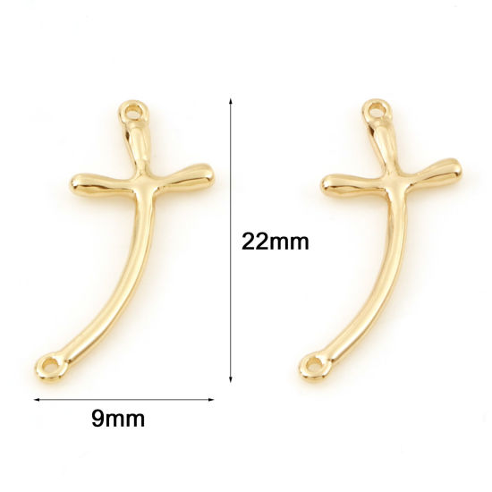 Picture of Brass Religious Connectors Charms Pendants Cross 18K Real Gold Plated 22mm x 9mm, 5 PCs