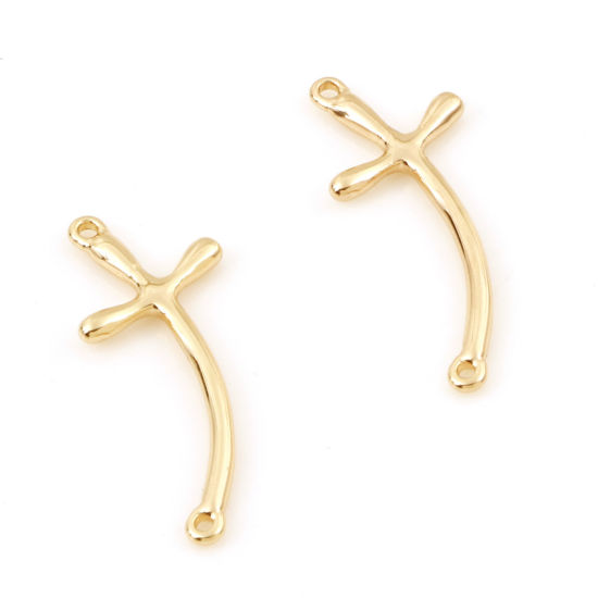 Picture of Brass Religious Connectors Charms Pendants Cross 18K Real Gold Plated 22mm x 9mm, 5 PCs