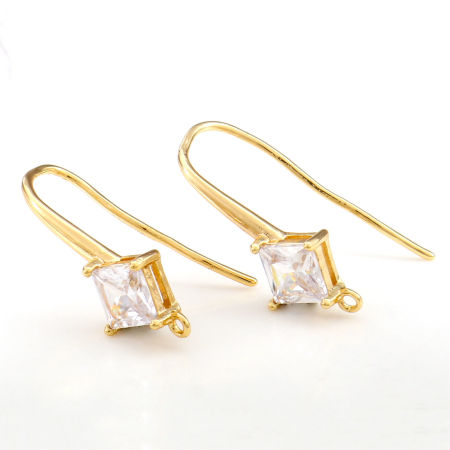 Imagen de 2 Unidades Latón Pendientes de Ganchos de Alambre para la Oreja para Accesorios de Fabricación de Joyas DIY 18K Oro Real Chapado Diamond Claro Circón Artificial Con Lazo 25mm x 10mm, Tama?o del Poste/Cable: 1mm(18 gauge)