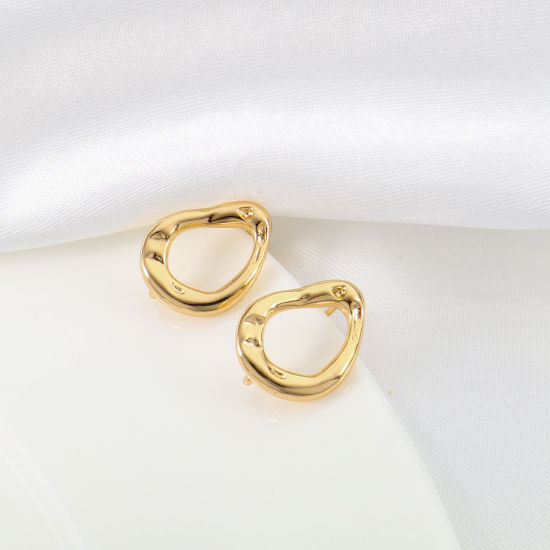 Immagine di Ottone Orecchini a Perno 18K Vero Oro Placcato Irregolare Goccia Con Loop 17mm x 13.5mm, Dimensione di Posta / Cavo: (20 misura), 2 Pz