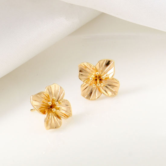 Picture of Brass Ear Post Stud Earrings 18K Real Gold Plated Flower With Loop 15mm x 15mm, Post/ Wire Size: (21 gauge), 2 PCs                                                                                                                                            