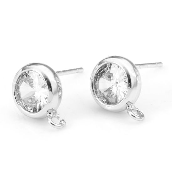 Picture of Brass Ear Post Stud Earrings Real Platinum Plated Round With Loop Clear Cubic Zirconia 11mm x 8mm, Post/ Wire Size: (21 gauge), 2 PCs