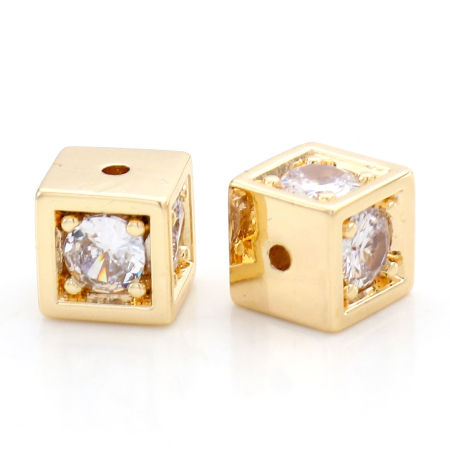 Image de Perles pour DIY Fabrication de Bijoux en Laiton & Zirconia Cubique Plaqué Or Véritable 18K Transparent Cube Env. 7mm x 7mm, Trou: Env. 1mm, 2 Pcs