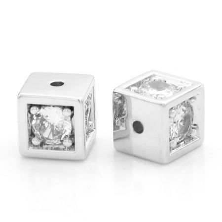 Image de Perles pour DIY Fabrication de Bijoux en Laiton & Zirconia Cubique Plaqué Platine Véritable Transparent Cube Env. 7mm x 7mm, Trou: Env. 1mm, 2 Pcs