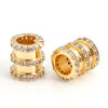 Picture of Brass & Cubic Zirconia Beads For DIY Jewelry Making 18K Real Gold Plated Transparent Clear Cylinder Micro Pave About 8mm x 7mm, Hole: Approx 3.8mm, 1 Piece