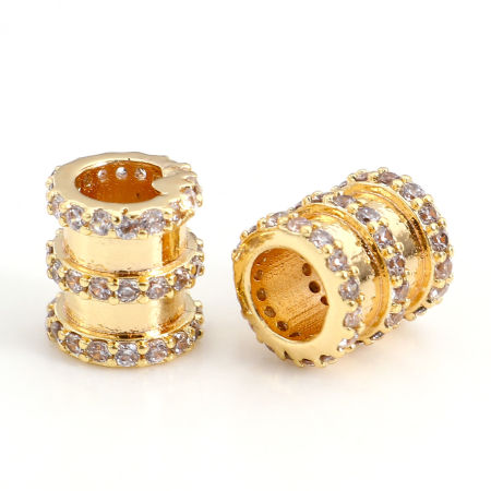 Brass & Cubic Zirconia Beads For DIY Jewelry Making 18K Real Gold Plated Transparent Clear Cylinder Micro Pave About 8mm x 7mm, Hole: Approx 3.8mm, 1 Piece