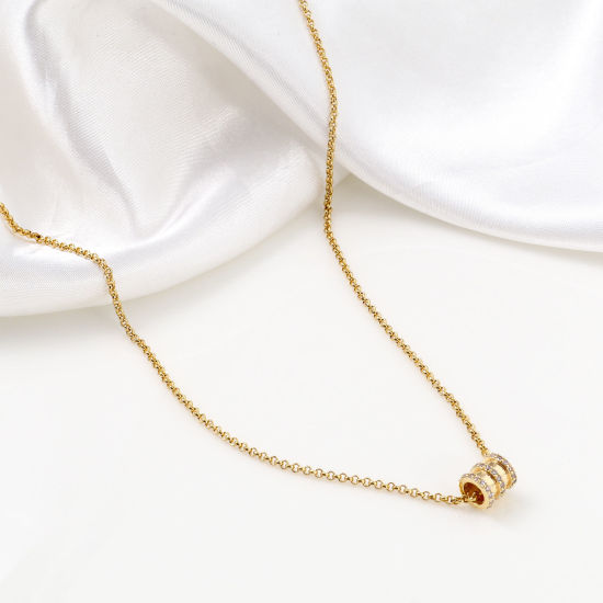 Bild von Messing & Kubisch Zirkonia Perlen für die DIY-Schmuckherstellung 18K Echtgold plattiert Transparent Zylinder Micro Pave ca. 8mm x 7mm, Loch: ca. 3.8mm, 1 Stück