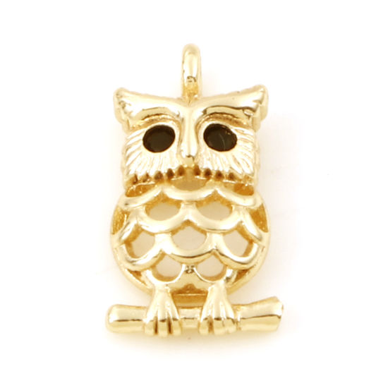 Picture of Brass Halloween Charms 18K Real Gold Plated Owl Animal Micro Pave Black Cubic Zirconia 13mm x 17mm, 2 PCs