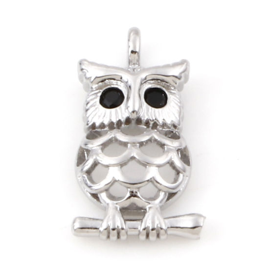 Picture of Brass Halloween Charms Real Platinum Plated Owl Animal Micro Pave Black Cubic Zirconia 13mm x 17mm, 2 PCs