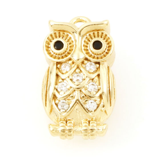 Immagine di Ottone Halloween Charms Gufo 18K Vero Oro Placcato Micro Spianare Trasparente & Nero Cubic Zirconiae 15.5mm x 8.5mm, 1 Pz