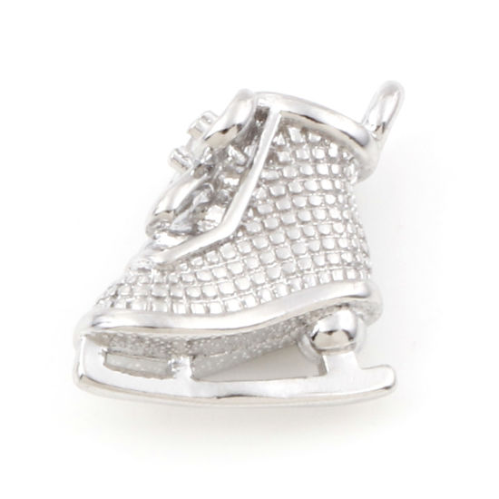 Immagine di Ottone Sport Charms Pattini da Ghiaccio Vero Platino Placcato Cravatta a Farfalla 3D Trasparente Cubic Zirconiae 12mm x 11mm, 5 Pz