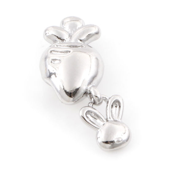 Picture of Brass Beads For DIY Jewelry Making Real Platinum Plated Rabbit Animal Radish 3D About 21mm x 13mm, Hole: Approx 2.6mm, 2 PCs
