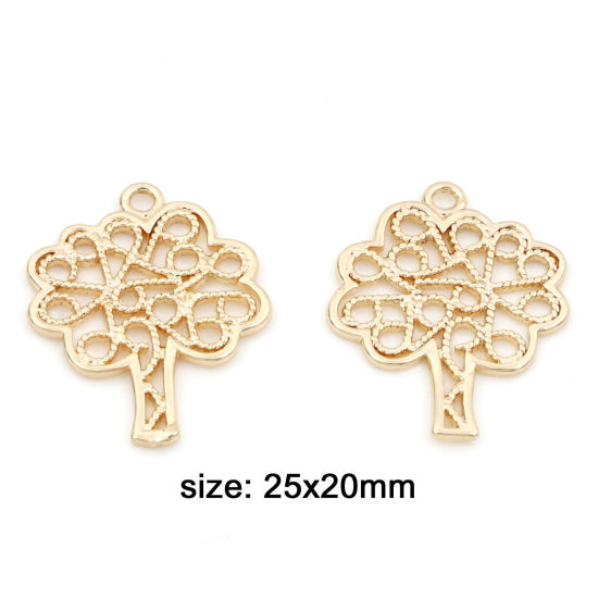 Image de Breloques en Laiton Arbre Plaqué Or Véritable 18K Creux 25mm x 20mm, 2 Pcs