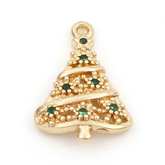 Изображение Латунь Подвески Рождественская елка 18K настоящее золото с покрытием Бижутерия усыпанная мелким фианит Зеленый Искусственный Циркон 18.5мм x 12мм, 2 ШТ