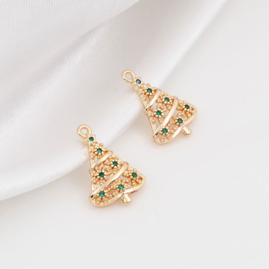 Изображение Латунь Подвески Рождественская елка 18K настоящее золото с покрытием Бижутерия усыпанная мелким фианит Зеленый Искусственный Циркон 18.5мм x 12мм, 2 ШТ