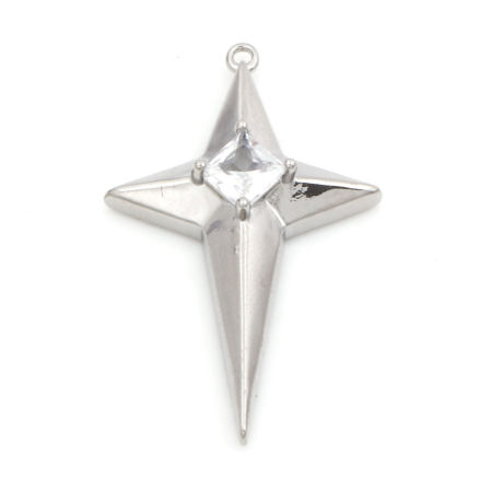 Brass Galaxy Pendants Real Platinum Plated Star Clear Cubic Zirconia 3cm x 1.8cm, 2 PCs