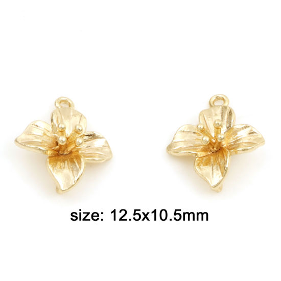 Picture of Brass Connectors Charms Pendants Flower 18K Real Gold Plated 12.5mm x 10.5mm, 5 PCs