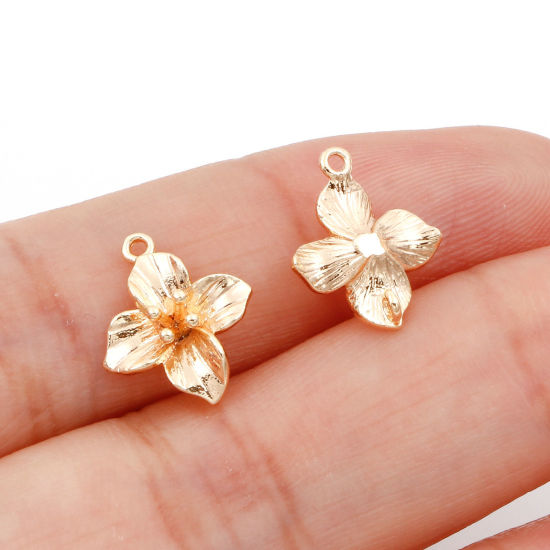 Picture of Brass Connectors Charms Pendants Flower 18K Real Gold Plated 12.5mm x 10.5mm, 5 PCs