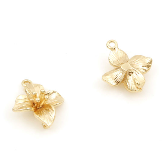 Picture of Brass Connectors Charms Pendants Flower 18K Real Gold Plated 12.5mm x 10.5mm, 5 PCs