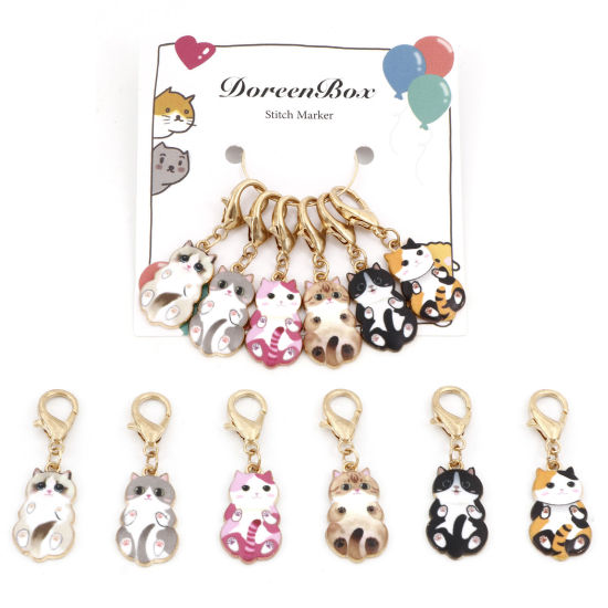 Picture of Zinc Based Alloy Knitting Stitch Markers Cat Animal Gold Plated Enamel 4.5cm x 1.4cm, 1 Set ( 6 PCs/Set)