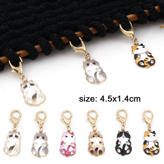 Picture of Zinc Based Alloy Knitting Stitch Markers Cat Animal Gold Plated Enamel 4.5cm x 1.4cm, 1 Set ( 6 PCs/Set)