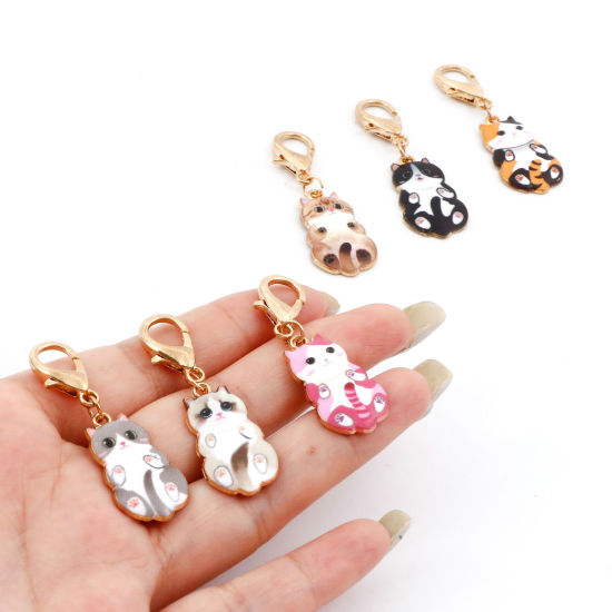 Picture of Zinc Based Alloy Knitting Stitch Markers Cat Animal Gold Plated Enamel 4.5cm x 1.4cm, 1 Set ( 6 PCs/Set)