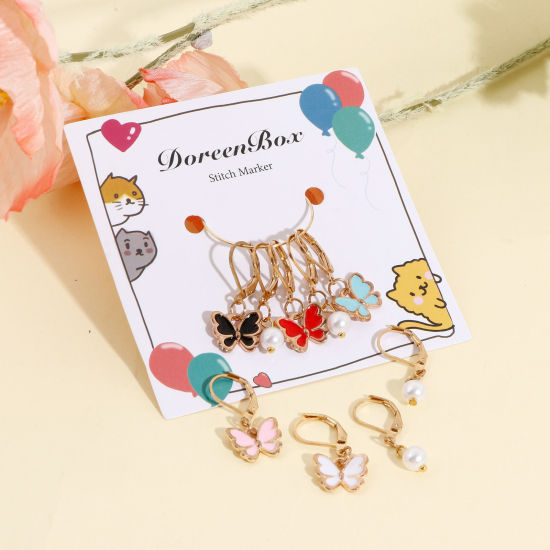 Picture of Zinc Based Alloy Knitting Stitch Markers Butterfly Animal Gold Plated Enamel 29x13mm 29x10mm, 1 Set ( 9 PCs/Set)