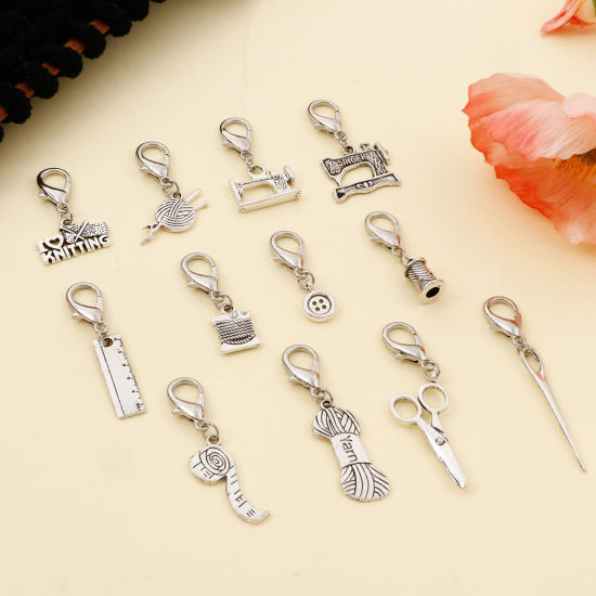 Picture of Zinc Based Alloy Knitting Stitch Markers Sewing Tools Antique Silver Color 5.9x1cm - 3.3x1cm, 1 Set ( 12 PCs/Set)