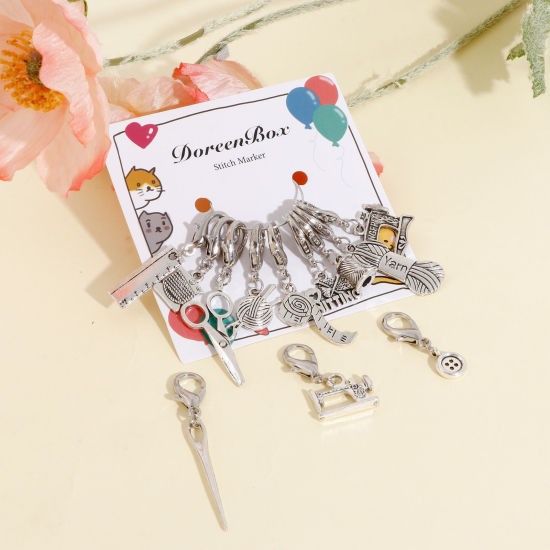 Picture of Zinc Based Alloy Knitting Stitch Markers Sewing Tools Antique Silver Color 5.9x1cm - 3.3x1cm, 1 Set ( 12 PCs/Set)