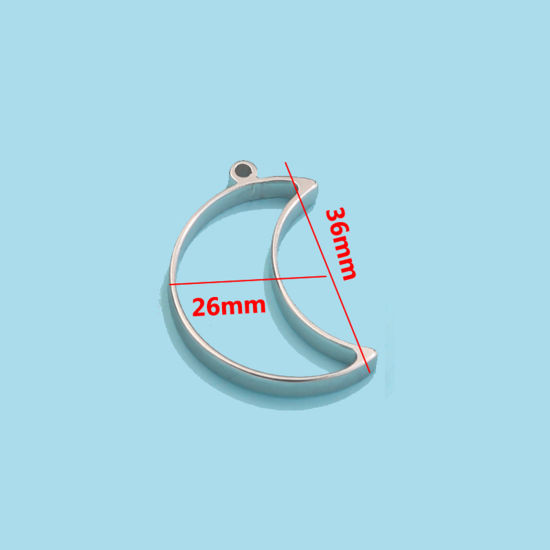 Bild von Umweltfreundlich 304 Edelstahl Offene Lünette Anhänger für Harz Halbmond Silberfarbe 36mm x 26mm, 3 Stück