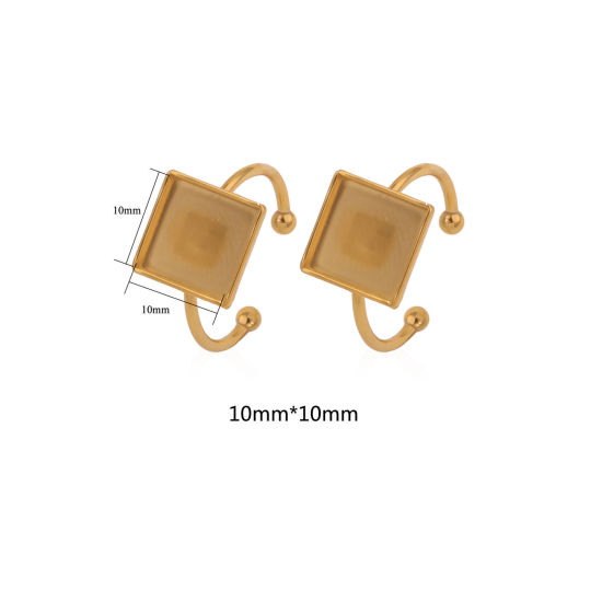 Picture of 304 Stainless Steel Open Adjustable Rings 18K Gold Plated Square Cabochon Settings (Fits 10mm x 10mm) 18mm(US Size 7.75), 2 PCs