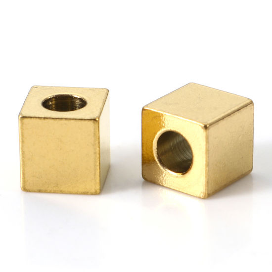 Imagen de Recubrimiento al Vacío PVD Ecológico 304 Acero Inoxidable Cuentas para la Fabricación de Joyas con Dijes de Bricolaje Cubo Chapado en Oro de 18K 2.5mm x 2.5mm, Agujero: Aprox 1.5mm, 10 Unidades