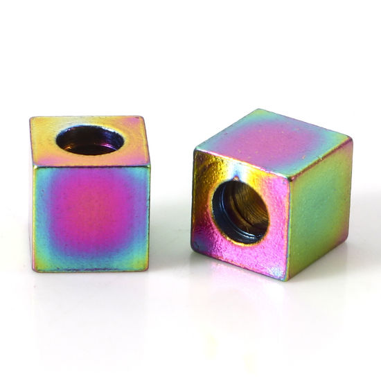 Picture of Eco-friendly PVD Vacuum Plating 304 Stainless Steel Beads For DIY Jewelry Making Cube Rainbow Color Plated 6mm x 6mm, Hole: Approx 3mm, 10 PCs