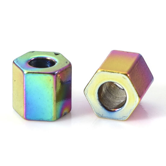 Imagen de Recubrimiento al Vacío PVD Ecológico 304 Acero Inoxidable Cuentas para la Fabricación de Joyas con Dijes de Bricolaje Prisma Hexagonal Chapado en Color Arco Iris 2mm x 2mm, Agujero: Aprox 1.2mm, 10 Unidades