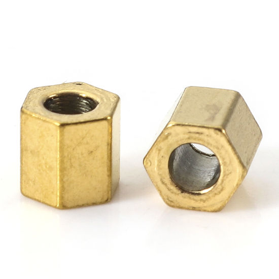 Imagen de Recubrimiento al Vacío PVD Ecológico 304 Acero Inoxidable Cuentas para la Fabricación de Joyas con Dijes de Bricolaje Prisma Hexagonal Chapado en Oro de 18K 4mm x 4mm, Agujero: Aprox 1.8mm, 10 Unidades